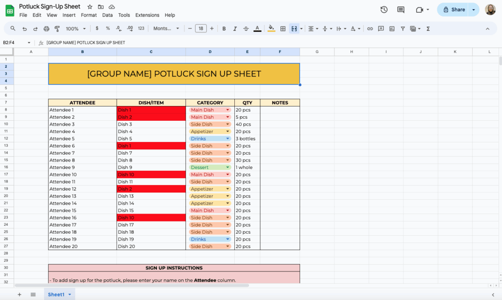 free potluck template for google sheets