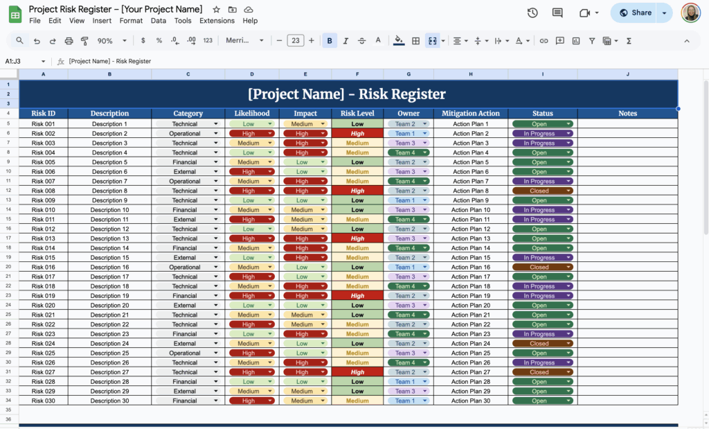 free project risk register tracker template for google sheets