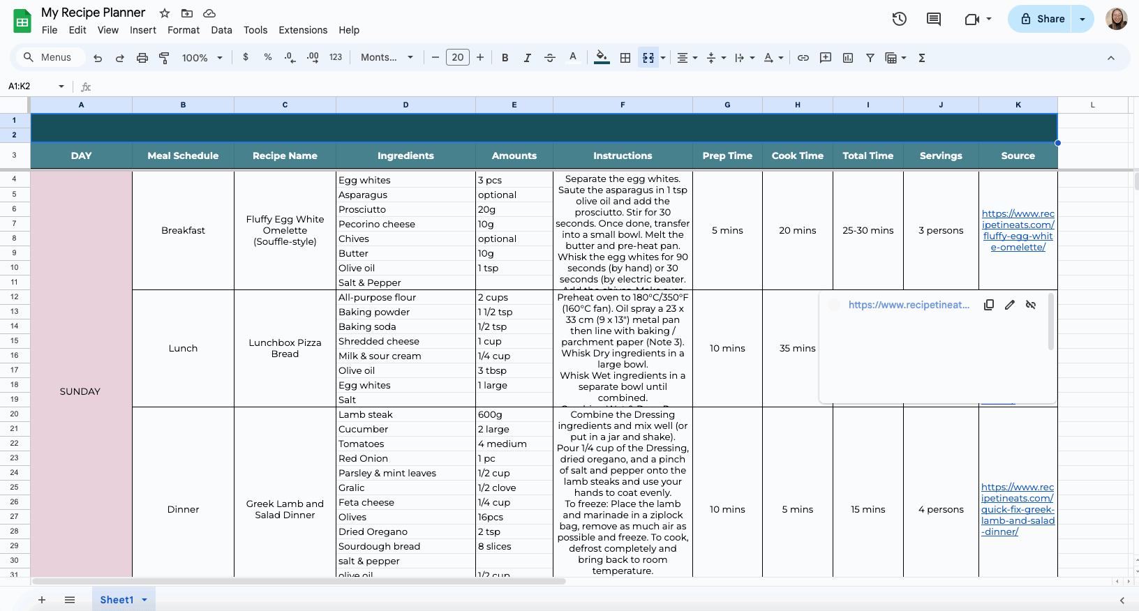 Free Recipe Template for Google Sheets DocsJam