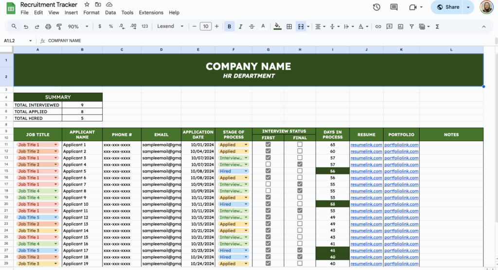 free recruitment tracker template for google sheets