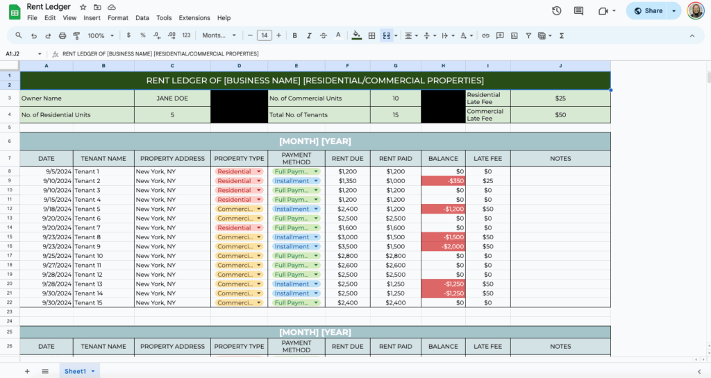 free rent ledger template for google sheets