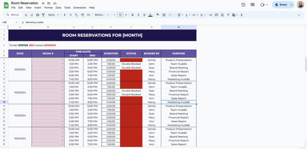free room booking template for google sheets