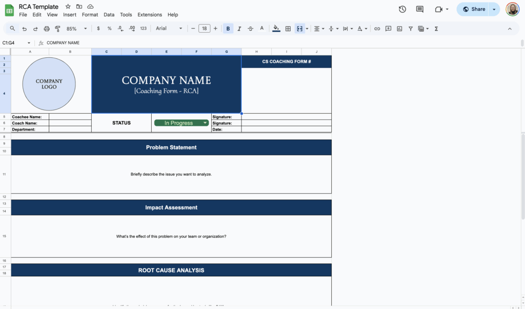 free root cause analysis template for google sheets