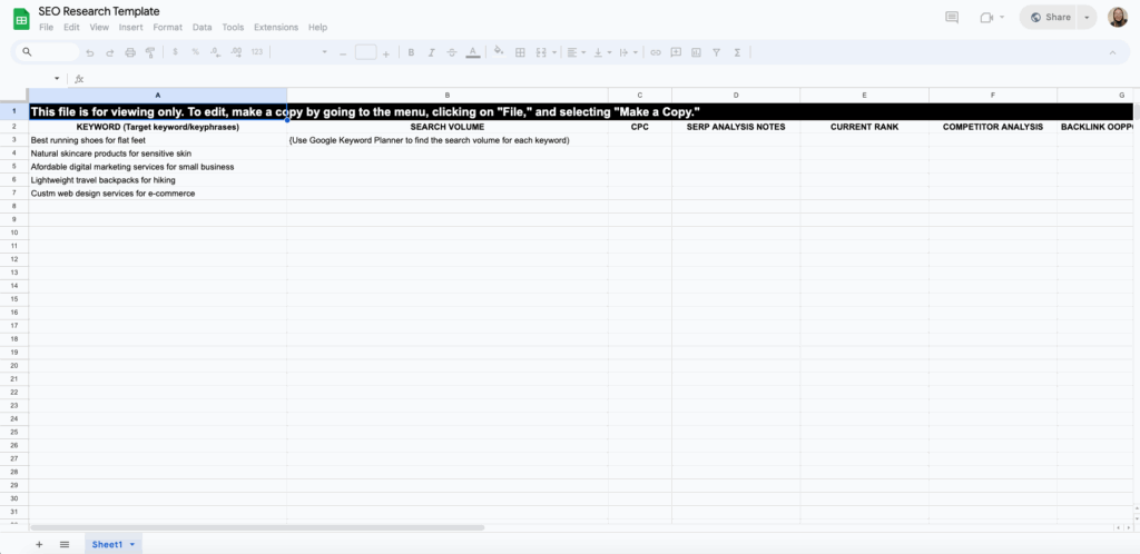 free seo research template for google sheet