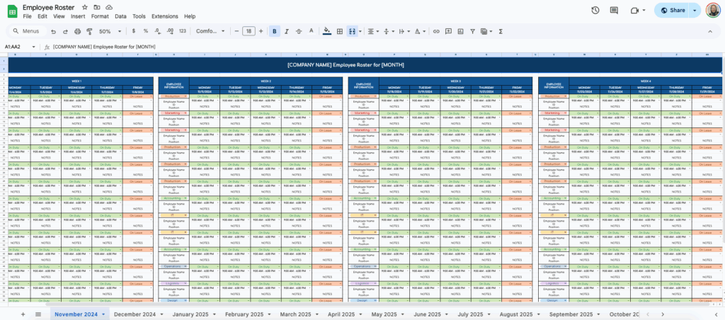 free staff roster template for google sheets