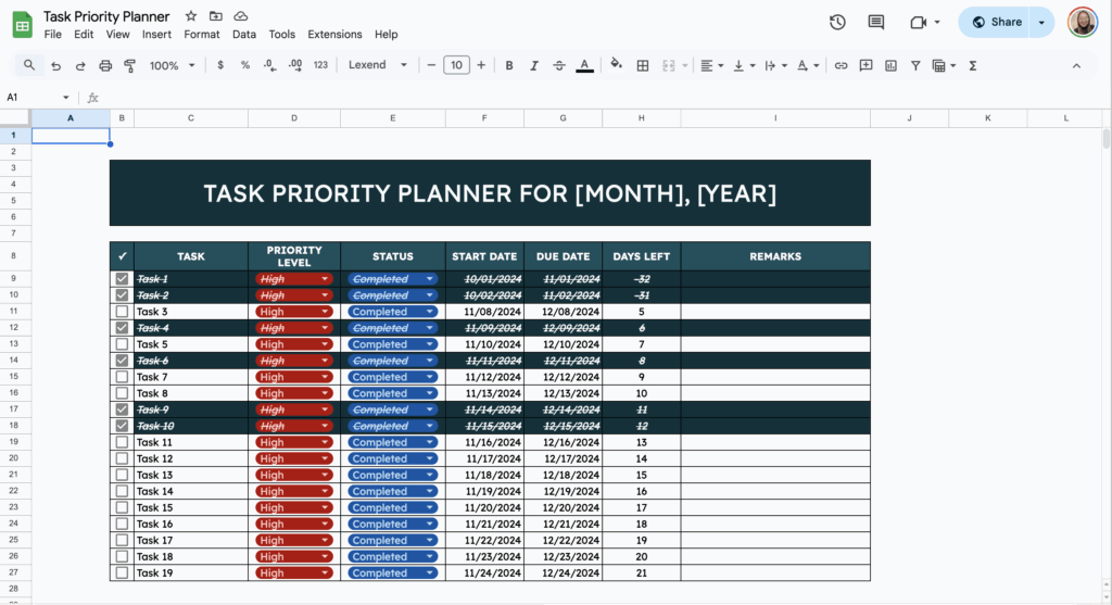 free task priority tracker template for google sheets