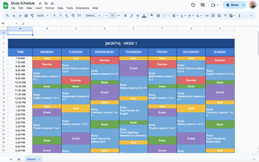free time blocking study schedule template for google sheets