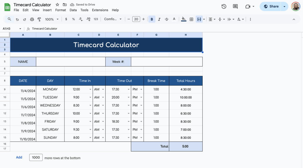 free timecard calculator template for google sheets