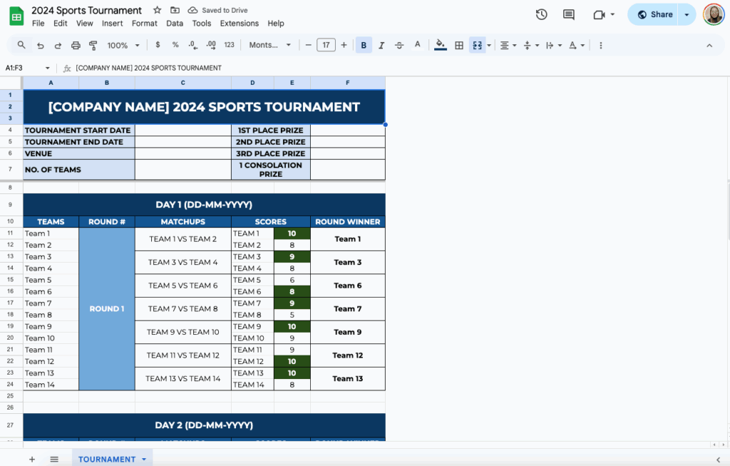 free tournament template for google sheets