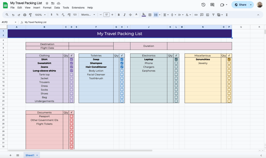 free travel packing list template for google sheets