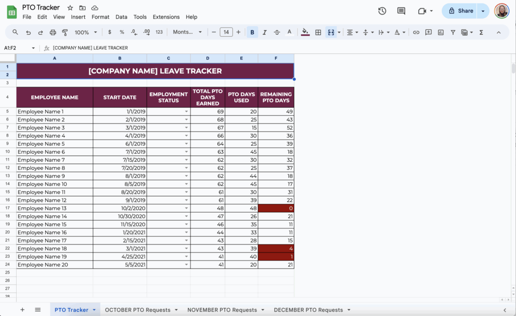 free vacation and paid time off pto tracker template for google sheets