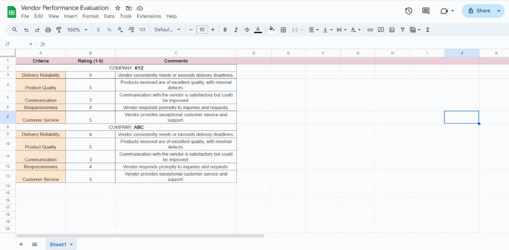 free vendor performance evaluation template google sheets