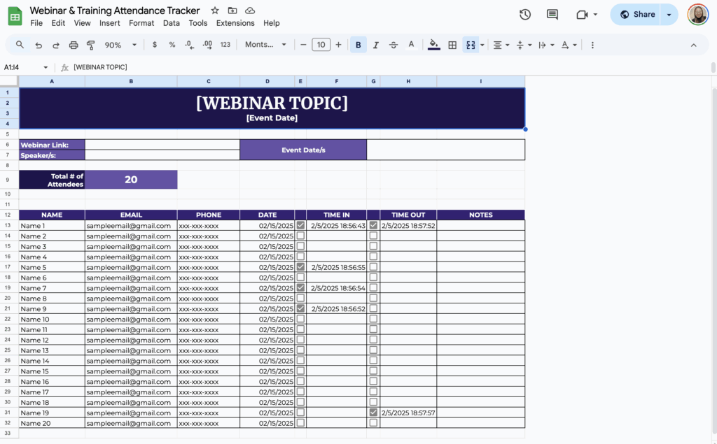 free webinar training attendance log template for google sheets