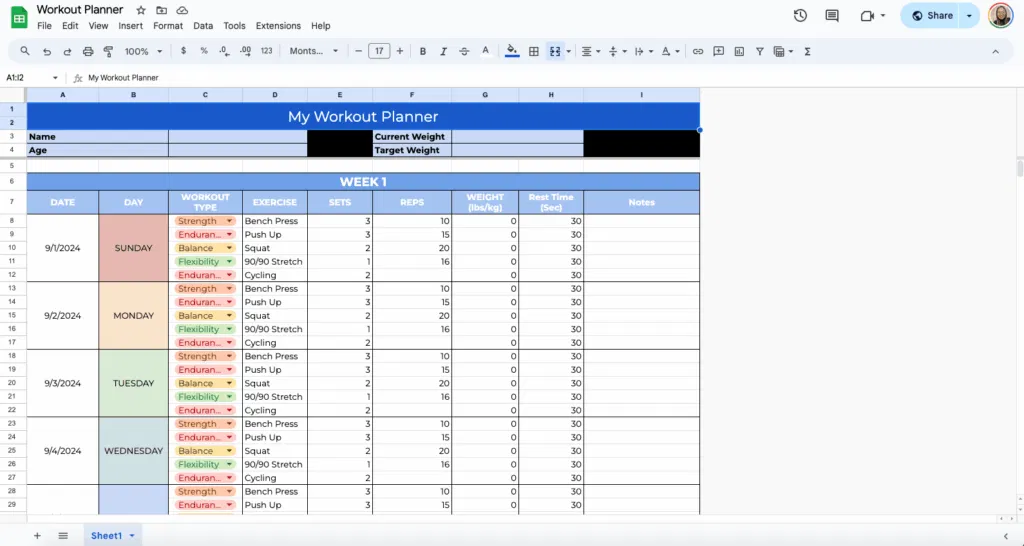 free workout template for google sheets