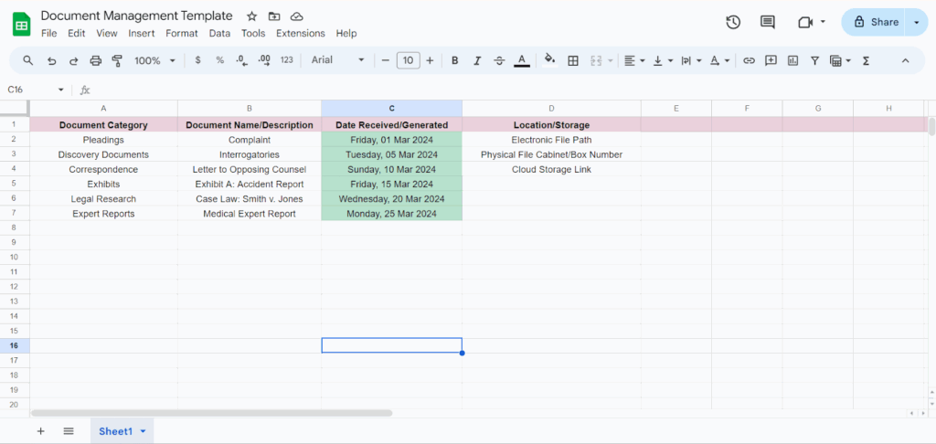 google sheets document management template