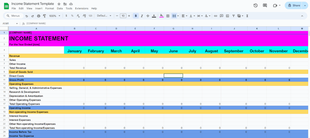 google sheets simple income statement template