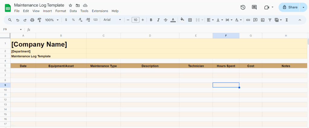 maintenance log google sheets template