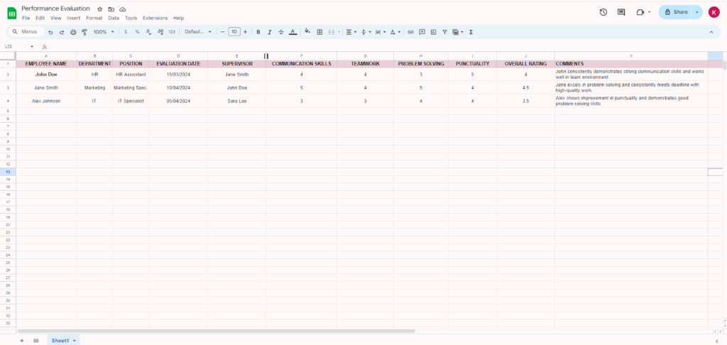 performance evaluation template google sheets