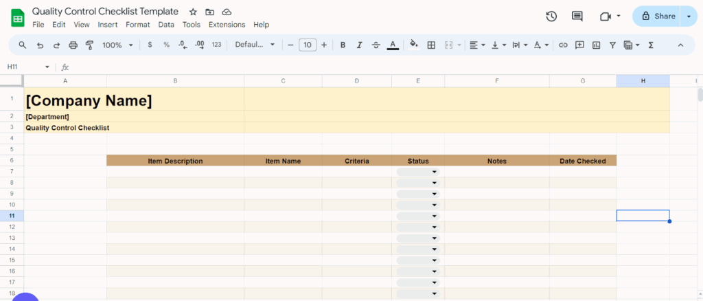 quality control checklist google template