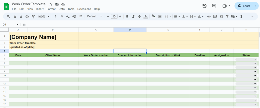 work order google sheets template